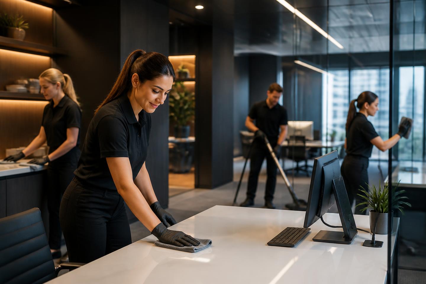 Professional office cleaning team at work in a modern Perth office